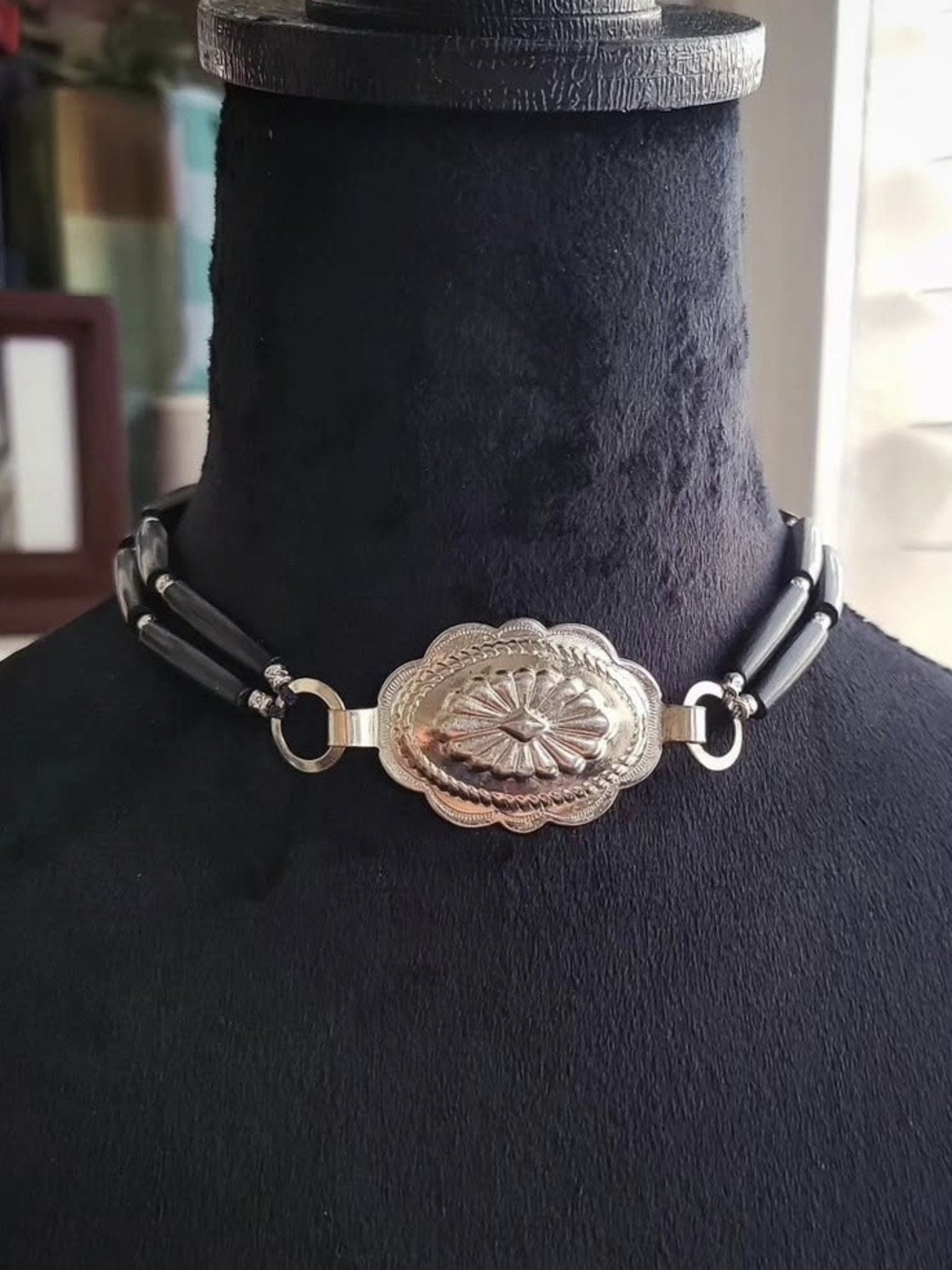 Silver Concho Choker with Black Bead Strands